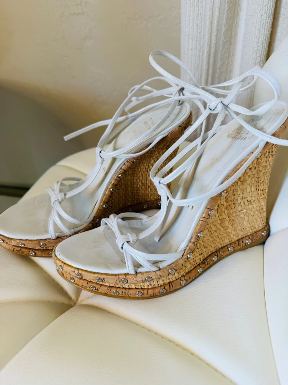 White Lace-Up Wedge Sandals with Natural Cork Platform - Picture 1 of 9